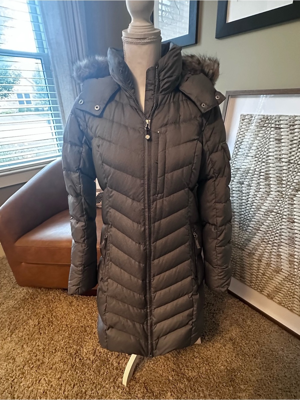 Eddie Bauer Women’s Quilted Long Puffer Coat with Faux Fur Hood - Dark Gray